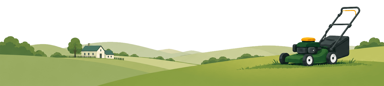 Rolling Hampshire countryside with a workshop and a lawnmower