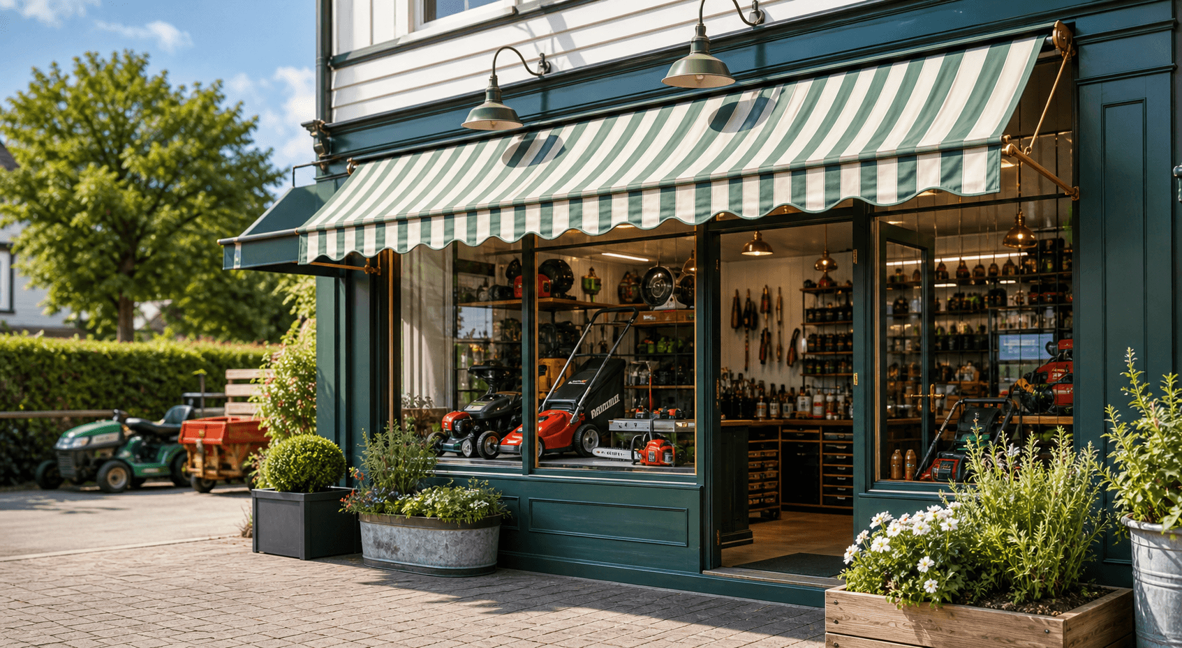 Bright green garden machinery repair shopfront with striped awning and tools in the window